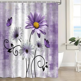 UPUMKSK Purple Daisy Shower Curtain Floral Butterfly, 70" W x 70" H