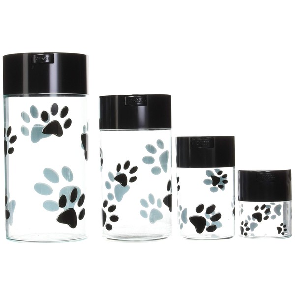 Pawvacs Set of 4 ( 3, 6, 12, 24 Ounce ) Vacuum Sealed Pet Food Storage Containers; Black Cap & Clear Body/Black Paws
