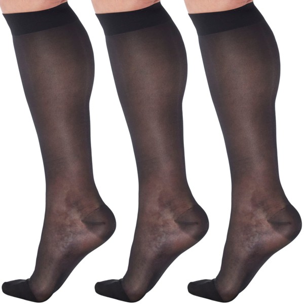 (3 Pairs) Made in USA - Sheer Compression Stockings for Women 15-20mmHg - Womens Compression Socks for Circulation during Travel, Airplane, Sport, Athletic - Black, X-Large - A101BL4-3
