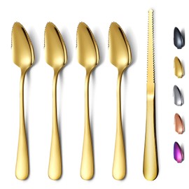 Gold Grapefruit Spoons 5 Pieces Set, 4 Stainless Steel Grapefruit Spoon And 1 Grapefruit knife With Titanium Plating, Grapefruit Utensil Set, Serrated Edges Spoon pack of 5 (Gold)