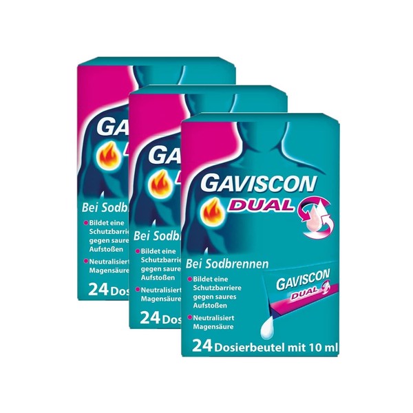 Pack of 3 Gaviscon Dual Suspension for Heartburn 3 x 24 Dosing Bags of 10 ml