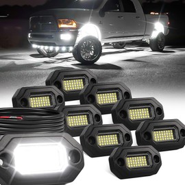 8pcs Pure White LED Rock Lights for Trucks Jeep UTV ATV SUV Trailers with 15FT Leads Each Light