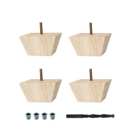 OUTWATER 2 in. H x 3-7/8 in. Square Unfinished Solid Hardwood Square Bun Foot Leg for Furniture | 4 Pack with 4 Free Insert Nuts and Drill Bit