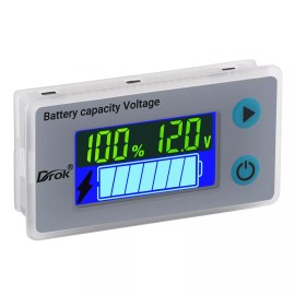 DROK 12V Battery Capacity Monitor, 10-100V 24V 36V 48V Digital Battery Status Tester