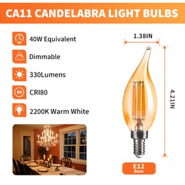ALAMPEVER CA11 E12 LED Chandelier Light Bulbs 40W Equivalent, Dimmable LED Candelabra Bulbs, 2200K Warm White, 330LM, Amber Glass, 12 Pack