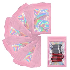 Svaldo Pink Holographic Resealable Bags, Small Mylar Bags with Window, Pack of 100, 5.12x8.27 inch, 3 Mil