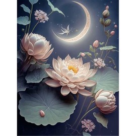 Huacan Diamond Painting Kits for Adults,Full Round Drill Lotusflower Moon 5D Diamond Art Kits for Home Wall Decor 12x16in