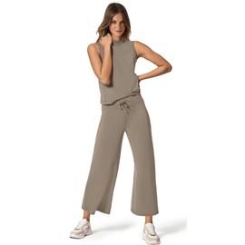 XIEERDUO Lounge Sets for Women 2 Piece Summer Travel Outfits Casual Wide Leg Pants Beach Vacation Travel Outfits Spring Matching Sets Women Clothing Airport Cruise Essentials M