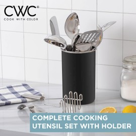 COOK WITH COLOR Kitchen Utensil Set - 10-piece premium Nonstick & Heat Resistant Kitchen Gadgets, Turner, Spaghetti Server, Serving Spoons, Whisk, Tongs, Masher & Utensil Holder, Black