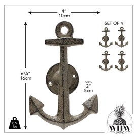 WHW Whole House Worlds Cape Cod Anchor Coat Hooks, Set of 4, Handmade, Durable Cast Iron, Vintage Brown Patina Over Black, 6.5 Inches, Nautical and Coastal