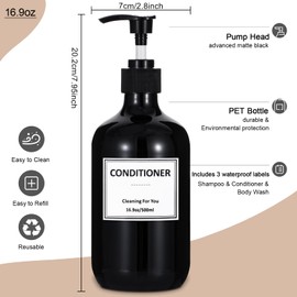 Yeeco 16.9oz/500ml Hand Soap Dispenser, Plastic Pump Bottles Dispenser with Waterproof Labels, Shampoo and Conditioner Dispenser for Liquid Soap, Kitchen, Bathroom, Commercial (3 Pack Black)