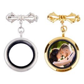 SUPERFINDINGS 2Pcs Wedding Bouquet Photo Charm Bouquet Photo Locket Charms Brass Bridal Brooches Silver Gold Bow Tie Wedding Memorial Brooches Pins Round Glass Photo Frame Pin Brooch for Bridal, 50mm,