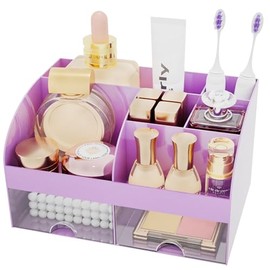 Bathroom Countertop Organizer, Toothbrush Holders for Bathroom, 6 Slots Toothpaste Bathroom Counter Sink Organizer with Drawers, Plastic Bathroom Organizers and Storage for Vanity (Purple)