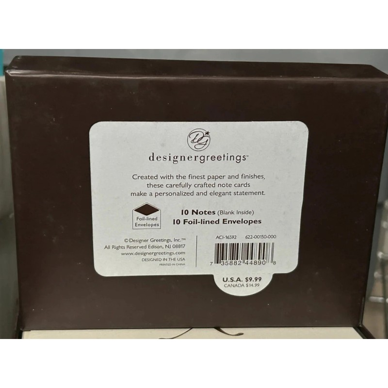 Designer Greetings Monogram "X" Boxed Notecards W/Gold Foil Envelopes 10