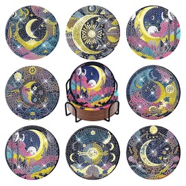 Miawtro 8 PCS Moon Diamond Art Coasters, Diamond Painting Coasters with Holder, Diamond Art Coasters Kits, Art Crafts for Adults, Kids Diamond Art Craft Supplies