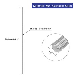 QUARKZMAN 5 Pieces Threaded Rods, M5 x 250 mm, 304 Stainless Steel, Threaded Rod with Metric Full Thread, M5-0.8 Threaded Screw for Furniture and Machine Assembly
