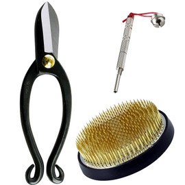 Wazakura 3 Piece Japanese Ikebana Tool Set Made in Japan Flower Arrangement Kit [Ikenobo Scissors + 80mm Round Brass Kenzan + Flower Needle Holder Maintenance Tool]