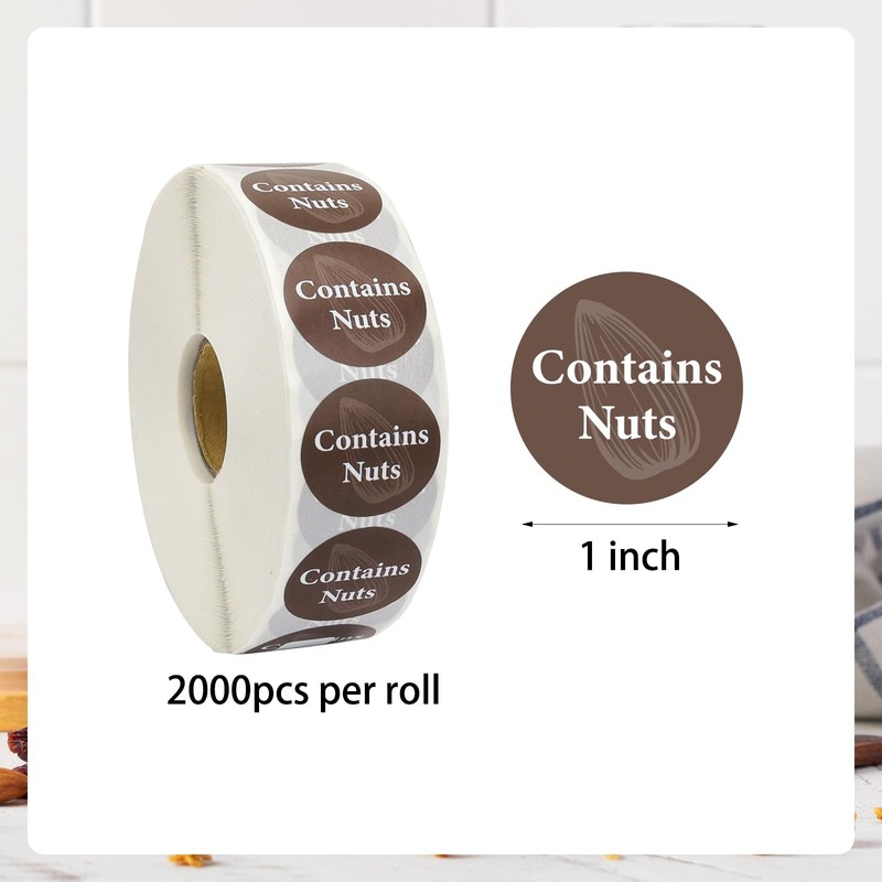 BLSUREFYX 2000pcs Contains Nuts Stickers 1in Nut Allergen Warning Brown