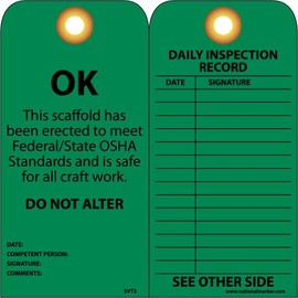NMC Pack of 25 Scaffold Inspection Tags, 3" x 6", 2 Sided Inspection Tag with Grommet, SVT3