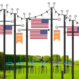 Outdoor String Light Poles 6 Pack - 10 Ft Lighting Posts with Fork,Rustproof Patio Heavy Metal Stand, Adjustable for Backyard Deck Garden Wedding