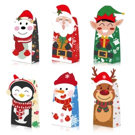 Christmas Gift Bags, 24 Pack 6 Different Designs of Christmas Treat Bags, Cartoon Style Paper Christmas Bags for Gifts（Contains 24 Matching Stickers）, Christmas Party Favors Bags, Holiday Party Bags.