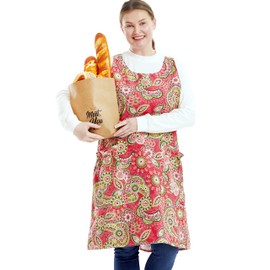 APRONNER Big Plus Size Aprons for Women with Pockets Cotton Linen Baking Kitchen Cooking Red Flowers