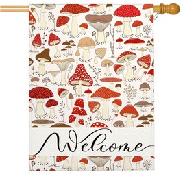 Mugod Retro Red Mushroom House Flag 28 x 40 Vertical Double Sided, Mushrooms and Field Plants Farmhouse Holiday Outside Decorations Large Burlap Yard Flag