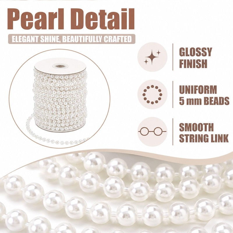 Tinminx 16.4Ft Faux Pearl Beads Garland, 5M White 5mm Plastic
