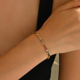 Avekeny 18K Gold Plated Multi-Color Classic Tennis Bracelet for Women Dainty Colorful 3mm Rainbow Cubic Zirconia Bracelet Adjustable CZ Gold Bracelets Trendy Summer Jewelry Gift