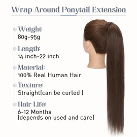 Rich Choices Ponytail Extension Human Hair Wrap Around Ponytail Hair Extension Straight 14 Inch #4 Medium Brown Hair Ponytail Extension Real Remy Human Hair Extensions Hairpieces for Women