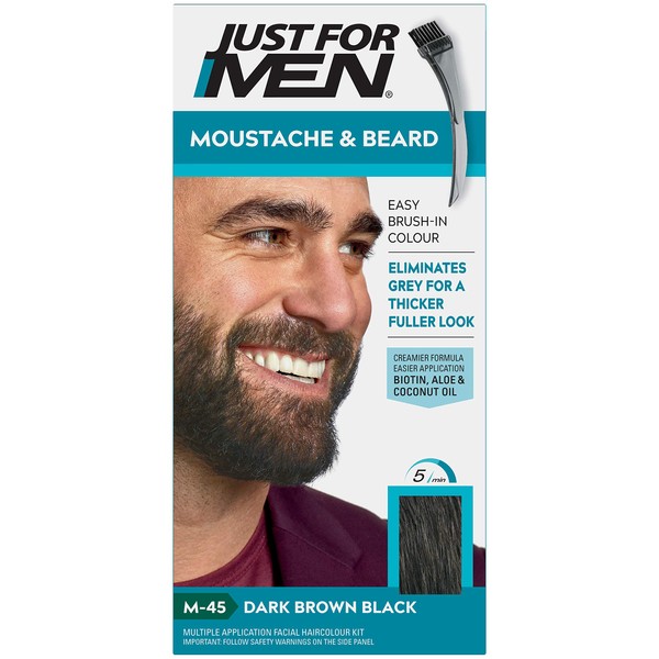 Just For Men Moustache & Beard M45 - Dark Brown Black Dye, Eliminates Grey For a Thicker & Fuller Look With An Applicator Brush Included – M45