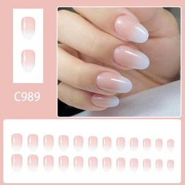 Gradient Pink Press on Nails Medium Almond Fake Nails with Designs Glossy Skin Tones False Nails Summer Ombre Stick on Nails Reusable Full Cover Artificial Nails for Women Girls Manicure 24Pcs