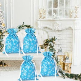 4 Pack Christmas Gifts Bags,24 * 32cm DXTXTJ Christmas Wrapping Bags,Bright Blue White Christmas Drawstring Gift Bags Multipack, Snowflake Reusable Gift Bags for Presents Xmas Party