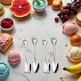 4 Pcs Silver Stainless Steel Dessert Spoons, Dessert Spoon Set, 4.8" Shovel Shape Stainless Steel Spoons, Ice Cream Fruit Spoon for Home, Kitchen or Restaurant Dessert Spoons