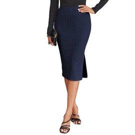 Zeagoo Women's Stretch Skirt Elegant High Waist Bodycon Knitted Skirt Midi Autumn Skirt Pencil Skirt Business Skirt with Slit, navy blue