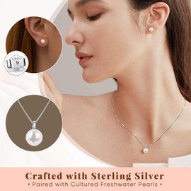Freshwater Pearl Necklace and Earring Set for Women Includes 925 Sterling Silver Pearl Stud Earrings and a Pearl Pendant Necklace | Hypoallergenic Jewelry Set with Genuine Cultured Pearls