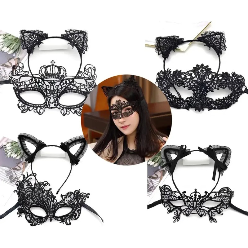 Set de Antifaces de Encaje y Diademas Orejas Gato 20