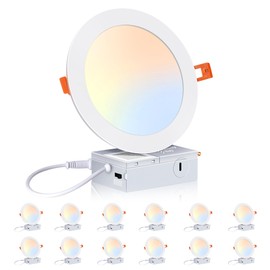 CLOUDY BAY 12 Pack 6 Inch 5CCT Ultra-Thin LED Recessed Ceiling Light with Junction Box,2700K/3000K/3500K/4000K/5000K Selectable,15W Dimmable, Canless Wafer Downlight, White,1000LM High Brightness