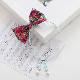 Summer Crystal Sparkling Sequins Large Bow Headband with Pearl Earring Pendants For Girls - Nonslip Lovely Hair Accessory For Everyday, Birthday and Parties (Holographic)