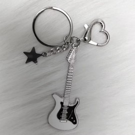 Zhang shine White Punk Music Bass Electric Guitar Keychain, Guitar Love Heart Star Key Chain Key Rings for Women Music Lovers