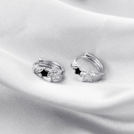 3 Star Cubic Zirconia Sleeper Small Hoop Earrings for Women Teen Girls Sterling Silver Cartilage Tiny Cute CZ Huggie Hoops Hypoallergenic for Sensitive Ear Starlet Cuff Delicate Jewelry 8mm