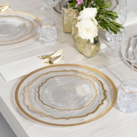 PLASTICPRO 32 Pack Elegant Disposable Plastic Plates Combo Set Includes 16 Dinner Plates and 16 Salad Plates Heavy Duty Fancy Party Plates Clear & Gold Contemporary Design