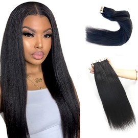 Light Yaki Straight Tape in Hair Extensions Human Hair Black Women, Yaki Straight Tape in Hair Extensions Real Human Hair, Natural Black #1B Tape in Extensions Double Sided Skin Weft Light Yaki Tape in Hair Extensions 12Inch 50Grams/Set 20PCS