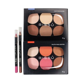Paleta de Contorneadores + Paleta de Rostro Bissu con Rubor, Iluminador y contorno + 2 Lapiz Delineado de Labios IVY Mate | Set de Maquillaje Viral (La de Cajon)