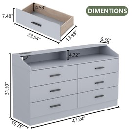 6 Drawer Dresser with Power Outlet, Chest of Drawer with LED Light, Modern Dresser with Open Storage Cubby, Double Wide Dressers Organizer for Bedroom, Living Room, Entryway, Hallway (Grey, 6 Drawers)