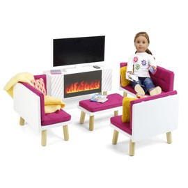 Emily Rose New 18" Doll Wooden Pink Living/Family Room Sectional Sofa/Bed and Entertainment Unit with TV, Pretend Fireplace, Storage Bins and Magazines | 14"-19" Doll Furniture Gift Value Set
