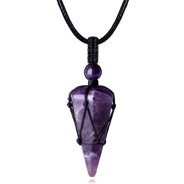MAIBAOTA Amethyst Crystal Necklaces for Men Women Healing Crystal Stone Pendant Necklace Adjustable Rope Natural Pointed Reiki Gemstone Necklace Jewelry