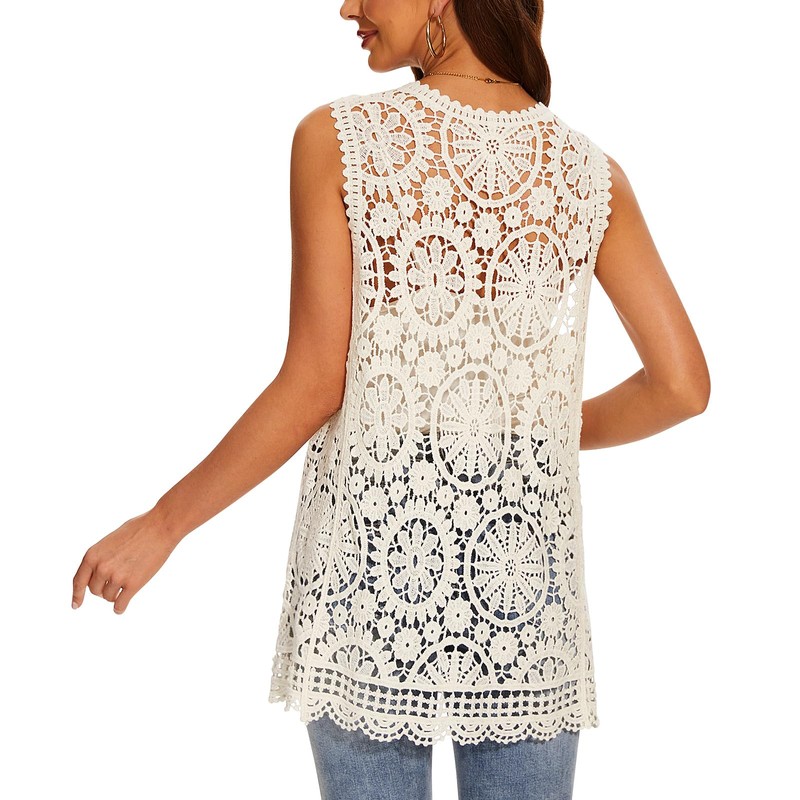 Women's Crochet Floral Boho Lace Trim Sleeveless Kimono Open Front