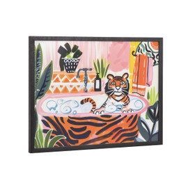 Kate and Laurel Bold Maximalist Tiger in Bubble Bath Framed Wall Art by The Creative Bunch Studio, 16x12 Black, Cute Animal Bathroom Art for Wall