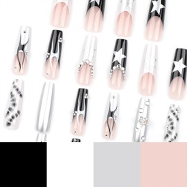 24Pcs Coffin Press on Nails Long Fake Nails With Star Charms Rhinestones Flame Alligator Texture Designs White Black French Tip False Nails Acrylic Glue on Nails for Women Full Cover Stick on Nails